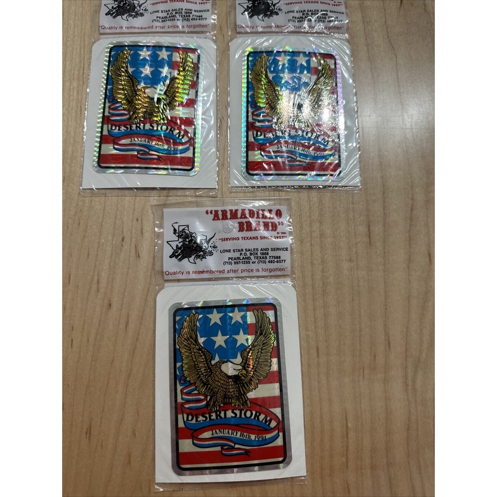 3 Vintage Desert Storm Holographic Stickers Eagle Flag 1991 Armadillo Brand NOS